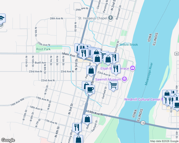 map of restaurants, bars, coffee shops, grocery stores, and more near 2221 Pershing Boulevard in Clinton
