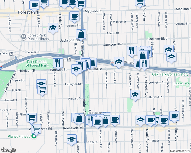 map of restaurants, bars, coffee shops, grocery stores, and more near 939 Wisconsin Avenue in Oak Park