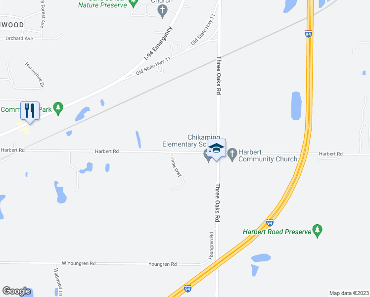 map of restaurants, bars, coffee shops, grocery stores, and more near 6623 Harbert Road in Sawyer