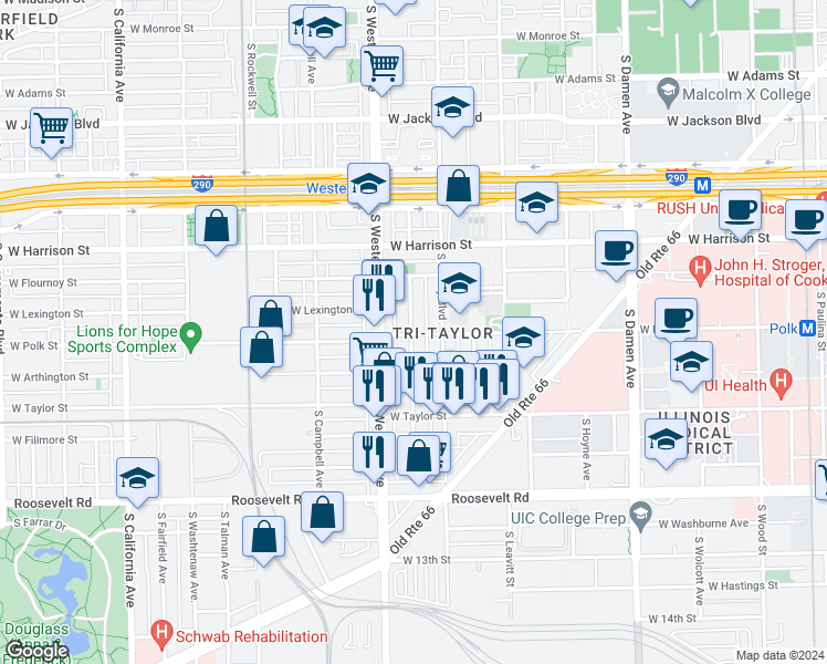map of restaurants, bars, coffee shops, grocery stores, and more near 749 South Claremont Avenue in Chicago