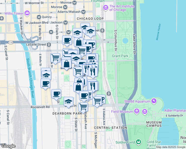 map of restaurants, bars, coffee shops, grocery stores, and more near 810 Michigan Avenue in Chicago