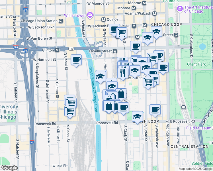 map of restaurants, bars, coffee shops, grocery stores, and more near 161 West 9th Street in Chicago