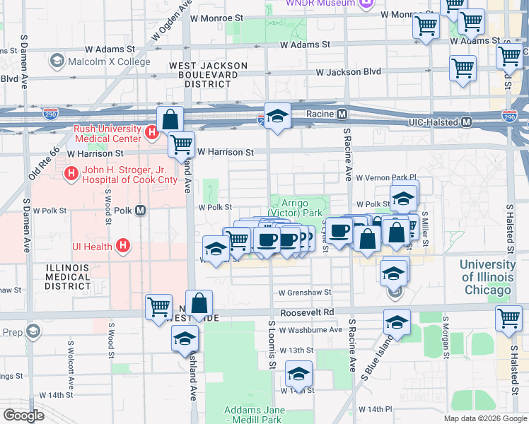 map of restaurants, bars, coffee shops, grocery stores, and more near 806 South Loomis Street in Chicago