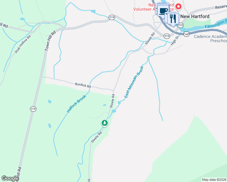 map of restaurants, bars, coffee shops, grocery stores, and more near 123 Steele Road in New Hartford