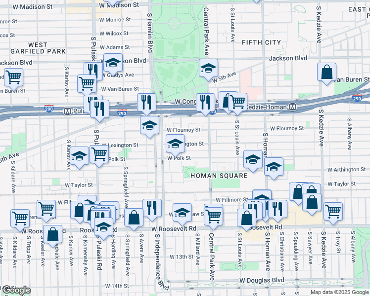 map of restaurants, bars, coffee shops, grocery stores, and more near 3655 West Lexington Street in Chicago