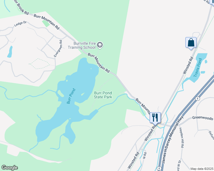 map of restaurants, bars, coffee shops, grocery stores, and more near 385 Burr Mountain Road in Torrington