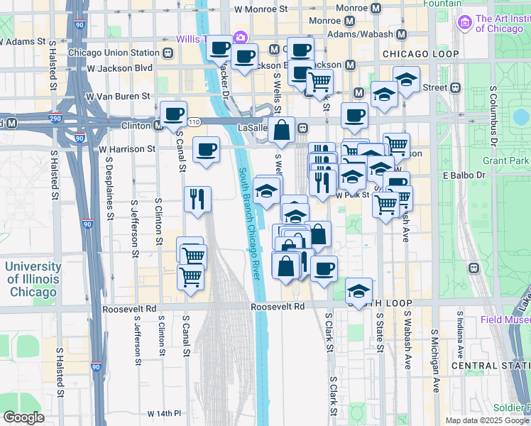 map of restaurants, bars, coffee shops, grocery stores, and more near 800 South Wells Street in Chicago