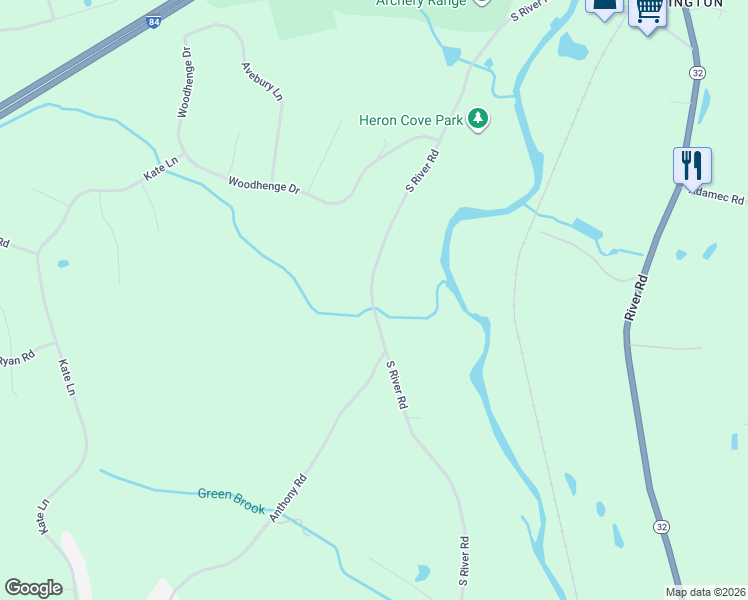 map of restaurants, bars, coffee shops, grocery stores, and more near 175 South River Road in Tolland