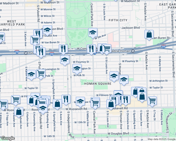 map of restaurants, bars, coffee shops, grocery stores, and more near 3634 West Polk Street in Chicago