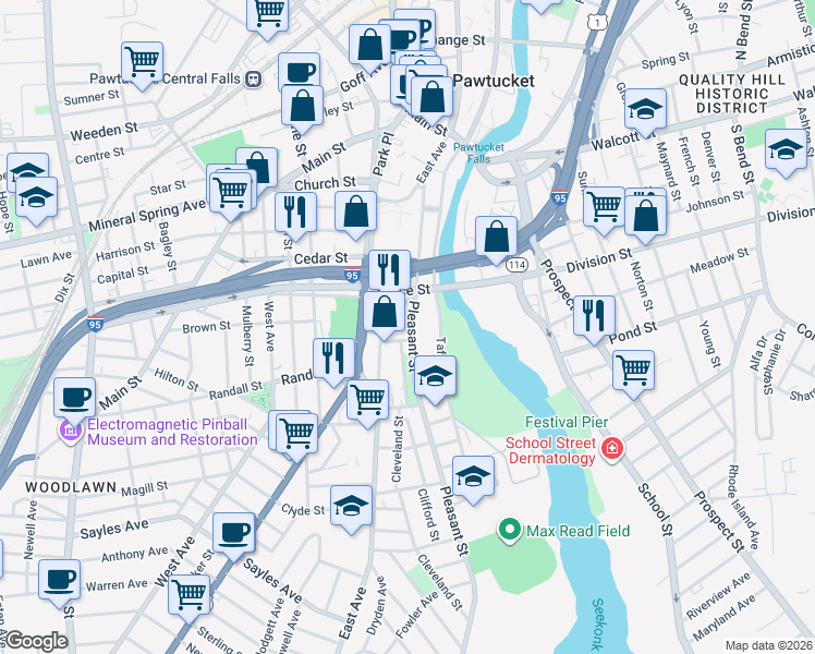 map of restaurants, bars, coffee shops, grocery stores, and more near 213 Pleasant Street in Pawtucket
