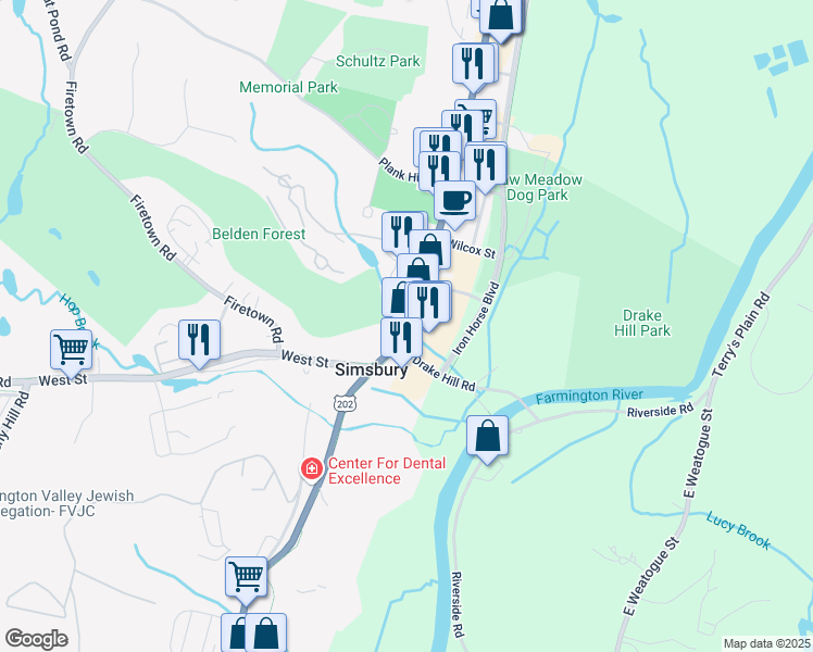 map of restaurants, bars, coffee shops, grocery stores, and more near 695 Hopmeadow Street in Simsbury