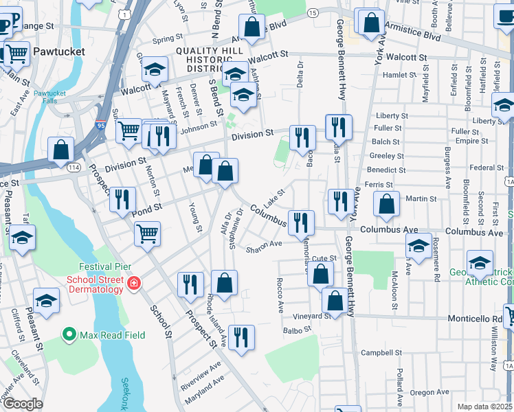 map of restaurants, bars, coffee shops, grocery stores, and more near 61 Columbus Avenue in Pawtucket