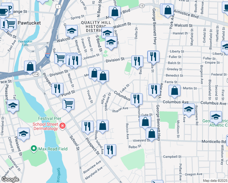 map of restaurants, bars, coffee shops, grocery stores, and more near 61 Columbus Avenue in Pawtucket