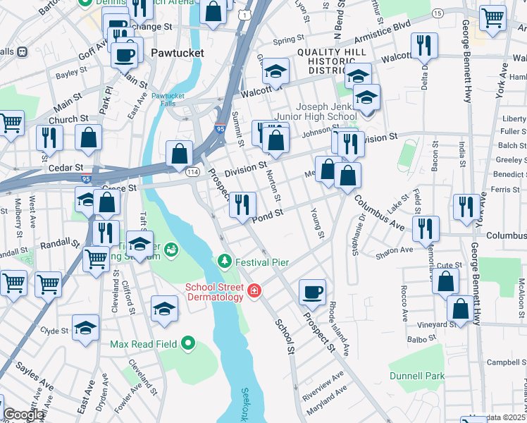 map of restaurants, bars, coffee shops, grocery stores, and more near 48 Pond Street in Pawtucket