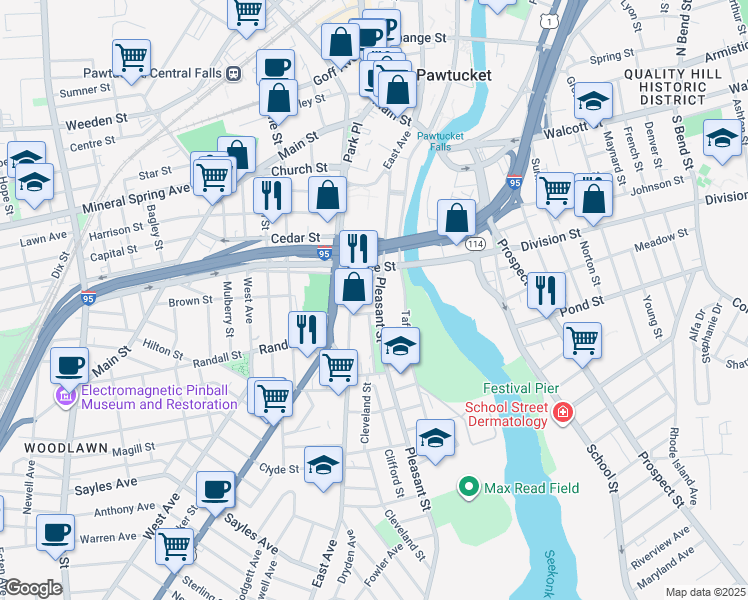 map of restaurants, bars, coffee shops, grocery stores, and more near 8 James Street in Pawtucket