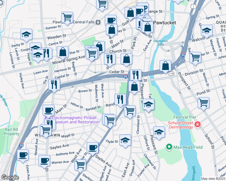map of restaurants, bars, coffee shops, grocery stores, and more near 71 Pine Street in Pawtucket