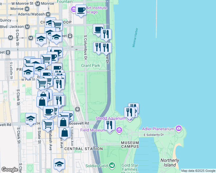 map of restaurants, bars, coffee shops, grocery stores, and more near 880 South Lake Shore Drive in Chicago