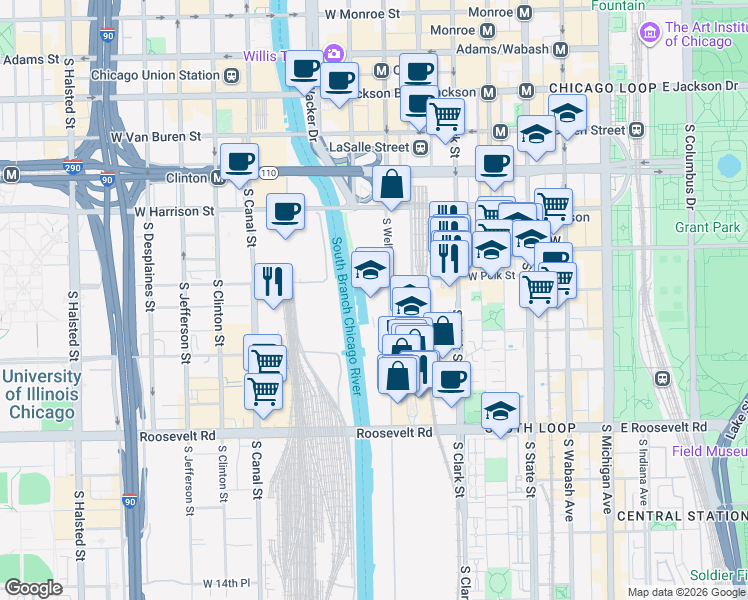 map of restaurants, bars, coffee shops, grocery stores, and more near 810 South Wells Street in Chicago