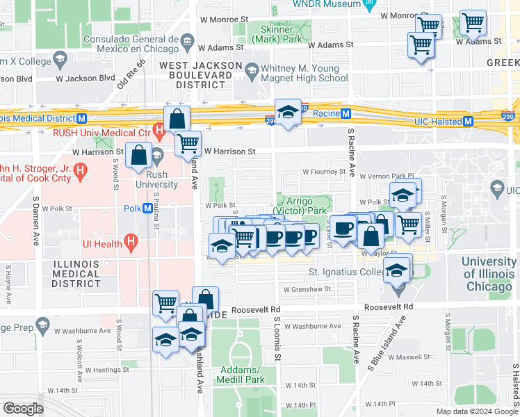 map of restaurants, bars, coffee shops, grocery stores, and more near 820 South Bishop Street in Chicago