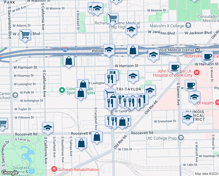 map of restaurants, bars, coffee shops, grocery stores, and more near 2419 West Polk Street in Chicago