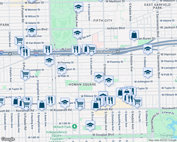 map of restaurants, bars, coffee shops, grocery stores, and more near 3518 West Polk Street in Chicago