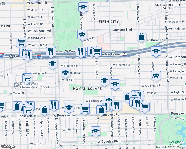 map of restaurants, bars, coffee shops, grocery stores, and more near 3518 West Polk Street in Chicago