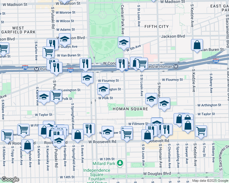 map of restaurants, bars, coffee shops, grocery stores, and more near 3634 West Polk Street in Chicago