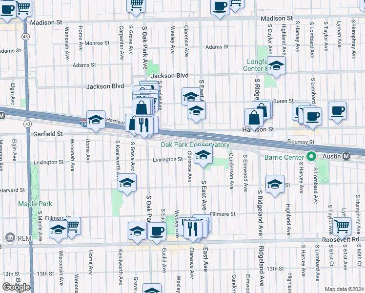 map of restaurants, bars, coffee shops, grocery stores, and more near in Oak Park
