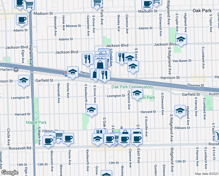 map of restaurants, bars, coffee shops, grocery stores, and more near 952 South Oak Park Avenue in Oak Park