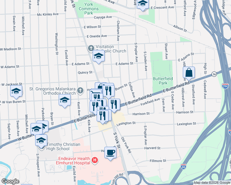 map of restaurants, bars, coffee shops, grocery stores, and more near 923 Cambridge Avenue in Elmhurst