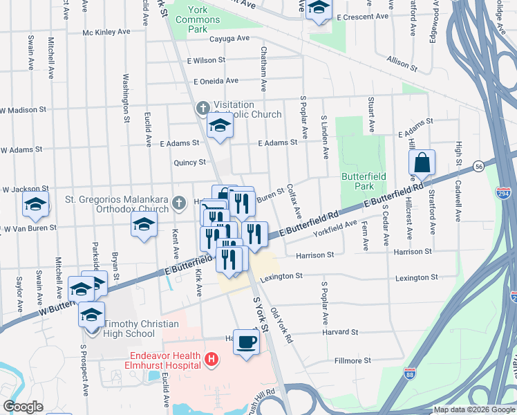 map of restaurants, bars, coffee shops, grocery stores, and more near 923 Cambridge Avenue in Elmhurst