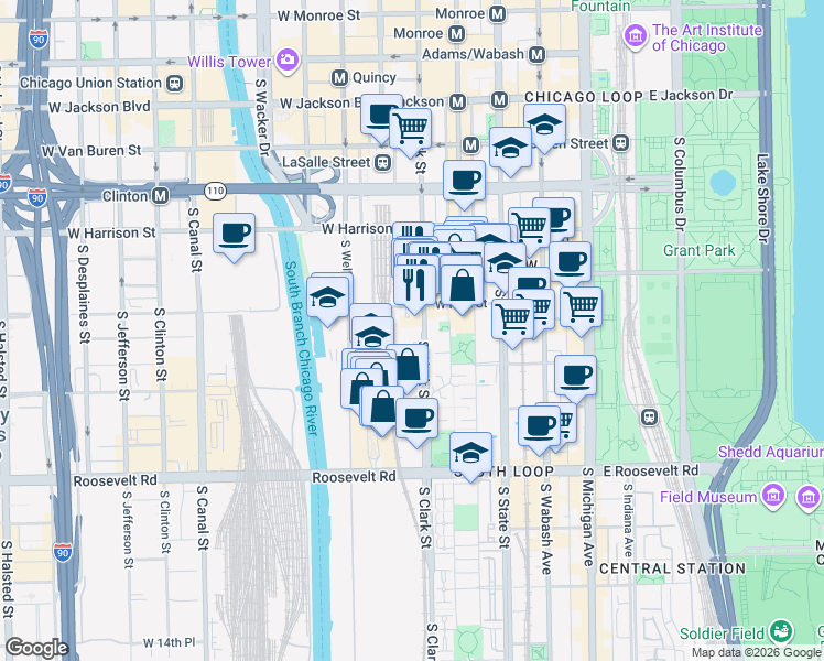 map of restaurants, bars, coffee shops, grocery stores, and more near 848 South Clark Street in Chicago
