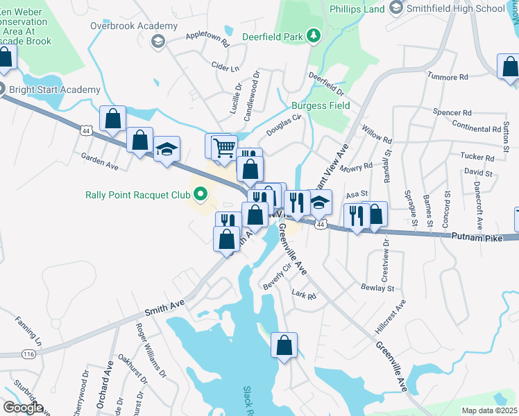 map of restaurants, bars, coffee shops, grocery stores, and more near 599 Putnam Pike in Smithfield