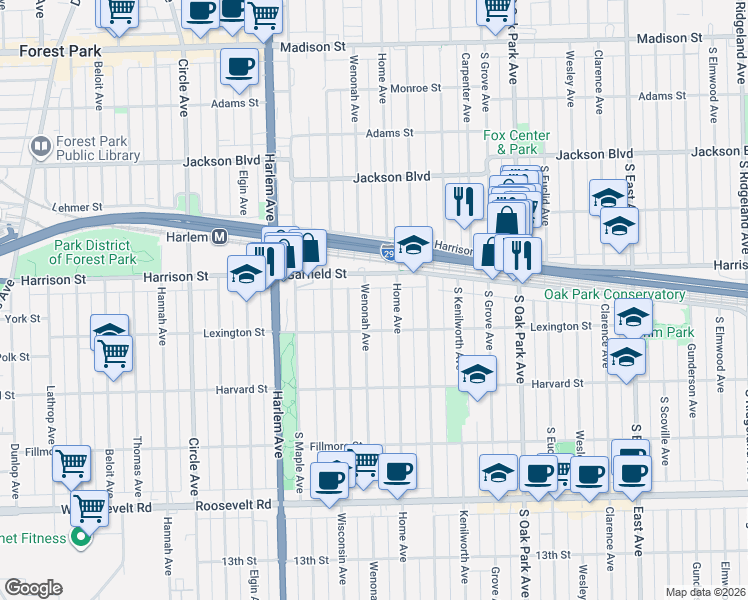 map of restaurants, bars, coffee shops, grocery stores, and more near 937 Home Avenue in Oak Park