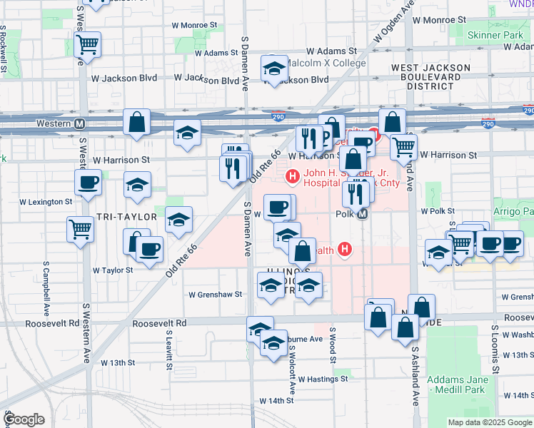 map of restaurants, bars, coffee shops, grocery stores, and more near 1950 West Polk Street in Chicago