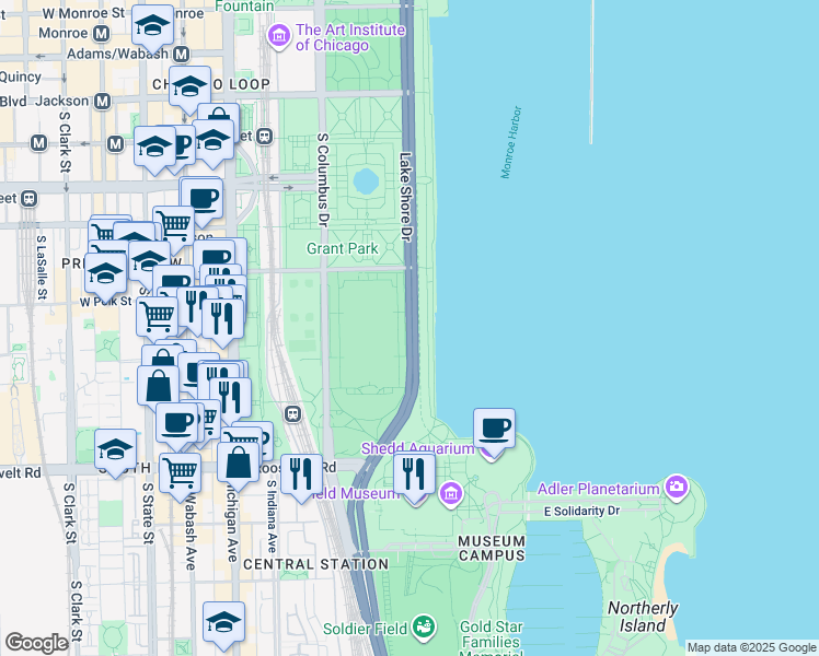 map of restaurants, bars, coffee shops, grocery stores, and more near 880 South Lake Shore Drive in Chicago