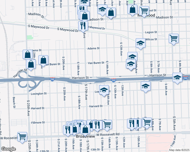 map of restaurants, bars, coffee shops, grocery stores, and more near 1645 Harrison Street in Maywood