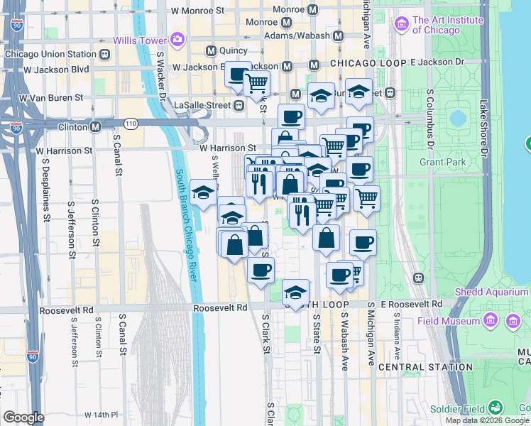 map of restaurants, bars, coffee shops, grocery stores, and more near 832 South Clark Street in Chicago