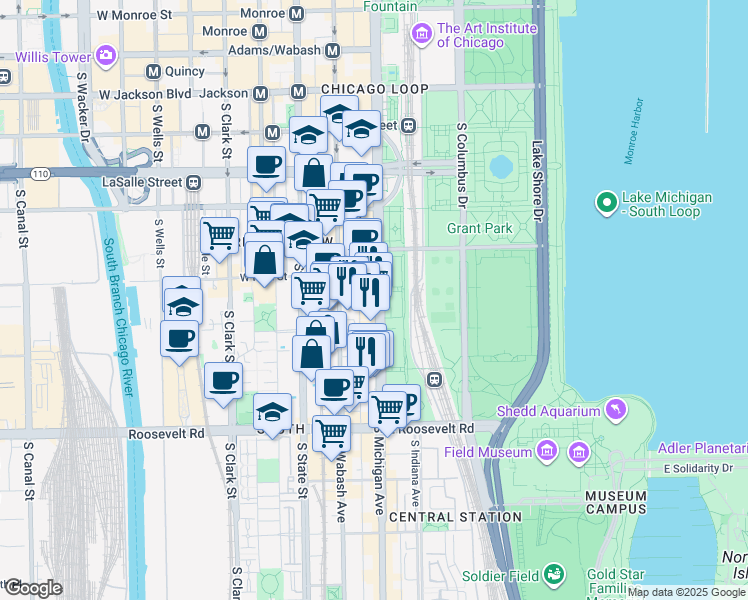 map of restaurants, bars, coffee shops, grocery stores, and more near 808 South Michigan Avenue in Chicago