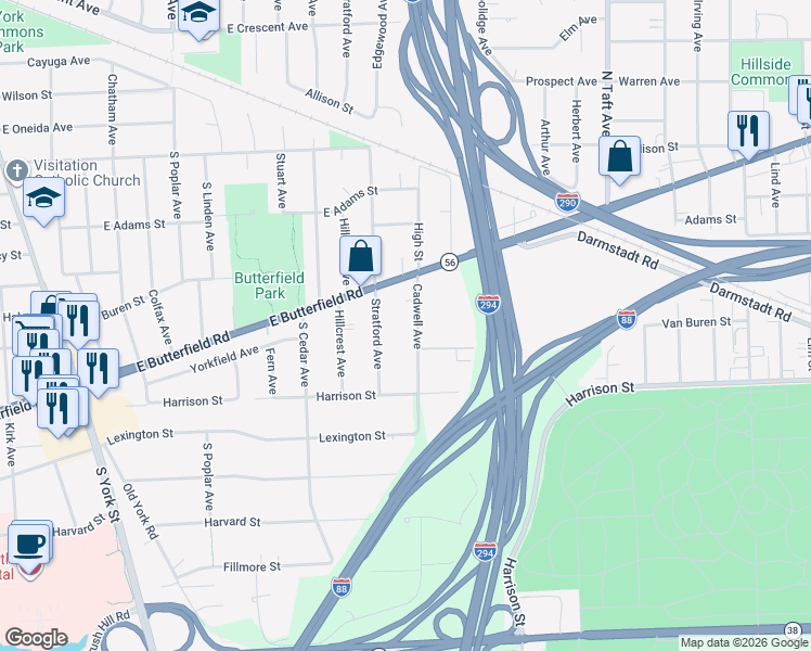 map of restaurants, bars, coffee shops, grocery stores, and more near 932 Cadwell Avenue in Elmhurst