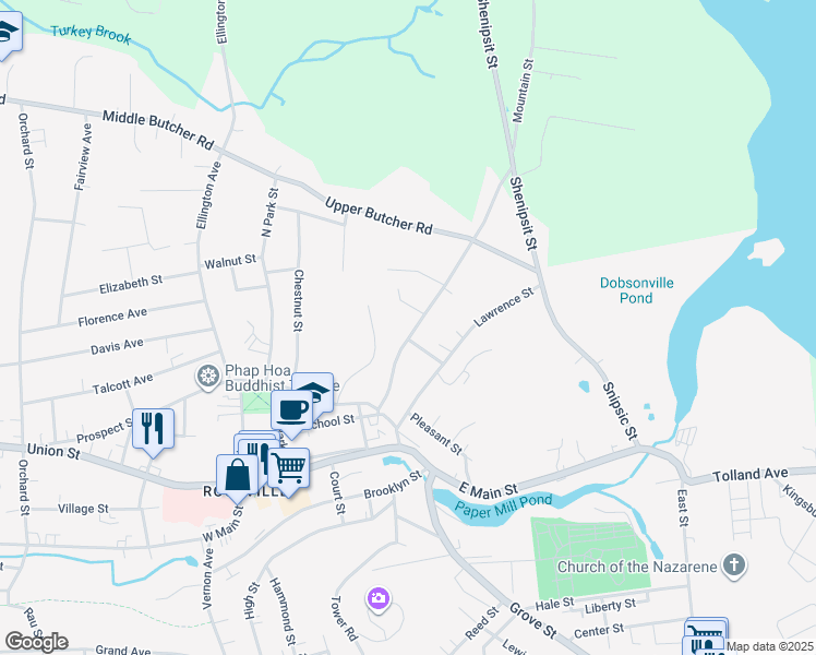 map of restaurants, bars, coffee shops, grocery stores, and more near 11 Webster Street in Vernon