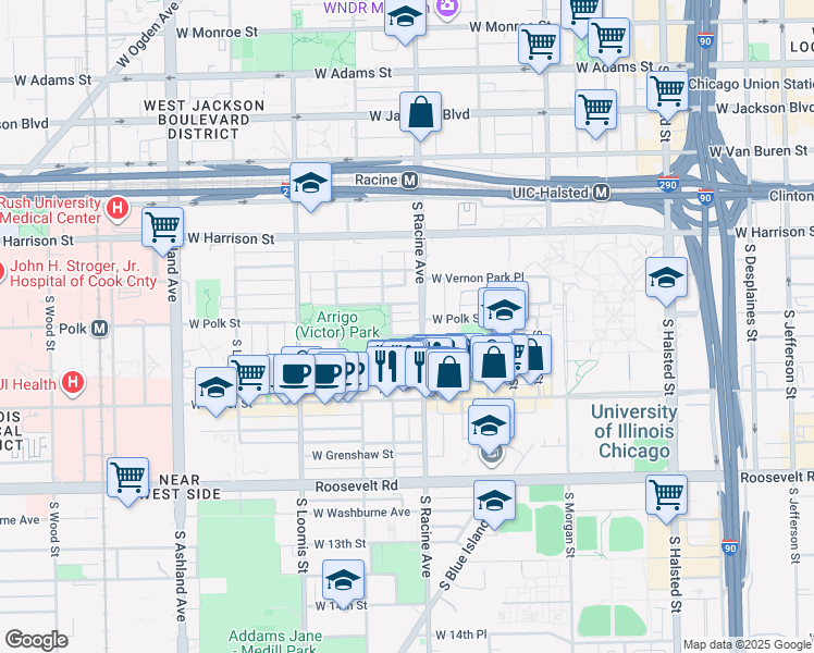 map of restaurants, bars, coffee shops, grocery stores, and more near 811 South Lytle Street in Chicago
