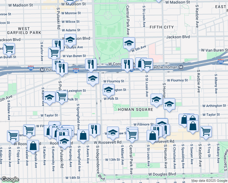 map of restaurants, bars, coffee shops, grocery stores, and more near 3653 West Lexington Street in Chicago