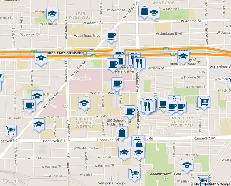 map of restaurants, bars, coffee shops, grocery stores, and more near 1714-1728 West Polk Street in Chicago