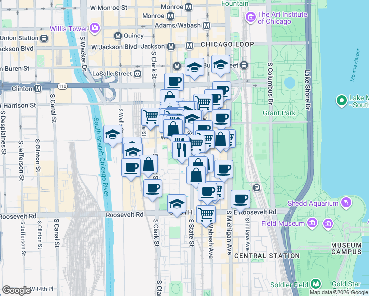 map of restaurants, bars, coffee shops, grocery stores, and more near 801 South Plymouth Court in Chicago