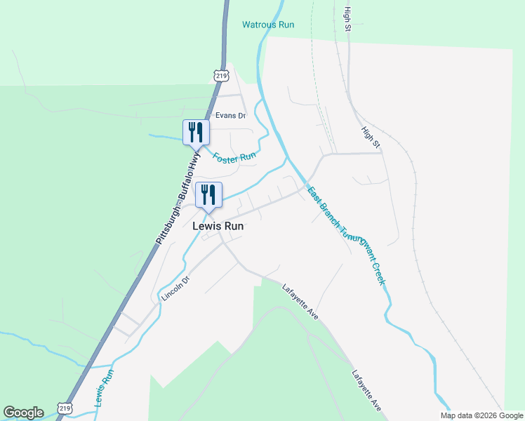 map of restaurants, bars, coffee shops, grocery stores, and more near 30 Main Street in Lewis Run