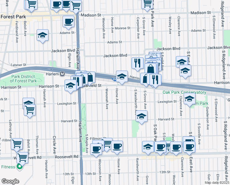 map of restaurants, bars, coffee shops, grocery stores, and more near 921 Home Avenue in Oak Park