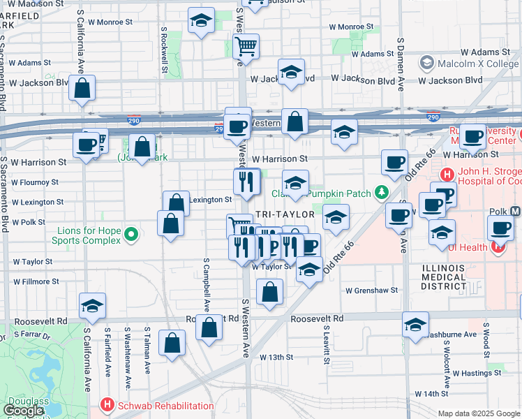 map of restaurants, bars, coffee shops, grocery stores, and more near 2334 West Polk Street in Chicago