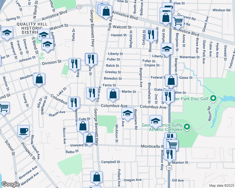 map of restaurants, bars, coffee shops, grocery stores, and more near 258 Columbus Avenue in Pawtucket