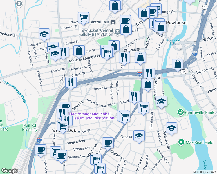 map of restaurants, bars, coffee shops, grocery stores, and more near 147 Mulberry Street in Pawtucket